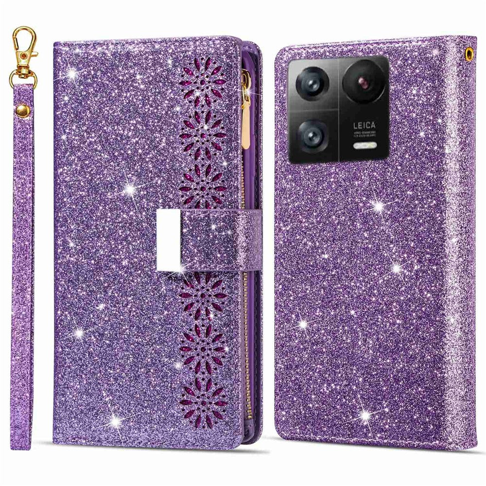 Xiaomi 13 Flip Phone Cover Laser Carving Glitter Starry Style Zipper Foldable Phone Case with Rem