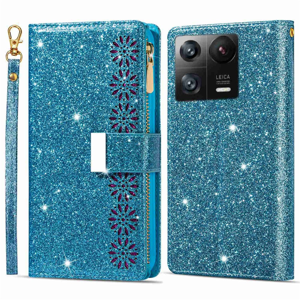 Xiaomi 13 Pro 5G Dragkedja Plånboksfodral PU-läder Mobilskal med dragkedja Laserskuret Glittrigt Stjärnigt Mobilskal med Rem