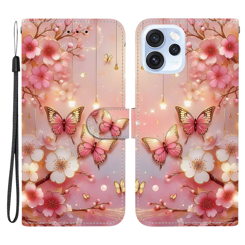 For Oppo Reno15 Pro Max 5G (Global)  /  Reno15 Pro 5G (China) Leather Case Stand Wallet Pattern Printing Phone Cover with Wrist Strap