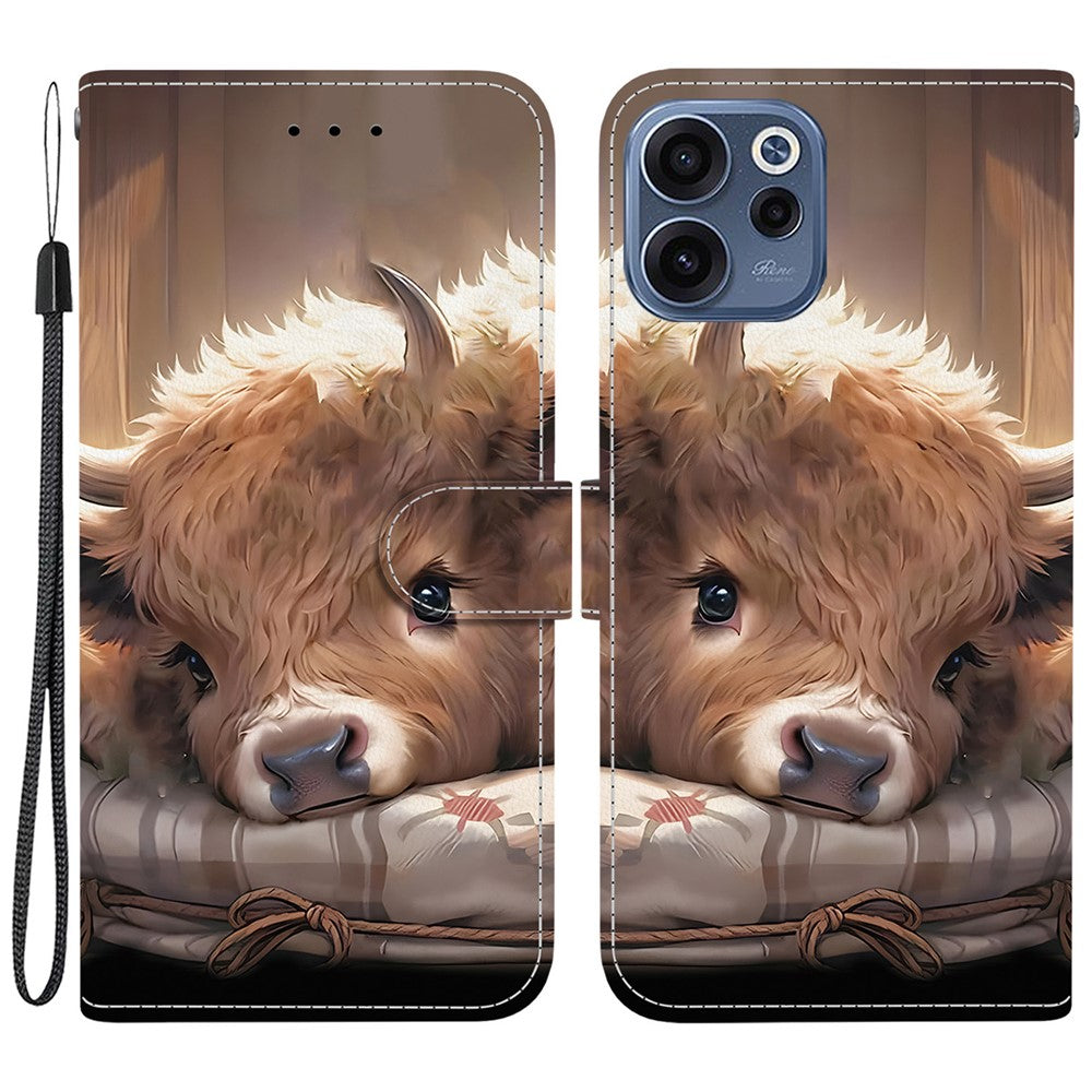 For Oppo Reno15 F 5G Leather Case Stand Wallet Pattern Printing Phone Cover with Wrist Strap