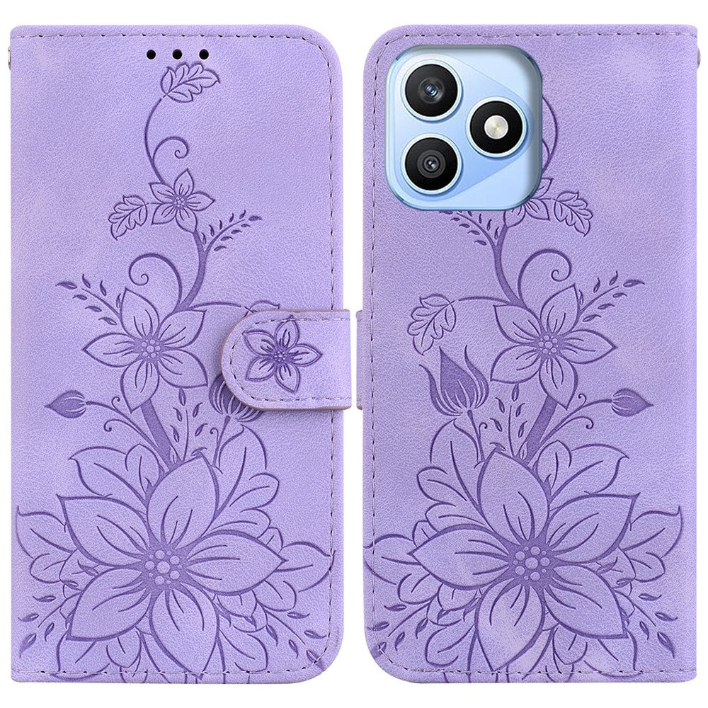 For Honor X8d 4G Stand Case Lily Flower Imprint Leather Phone Cover with Wrist Strap