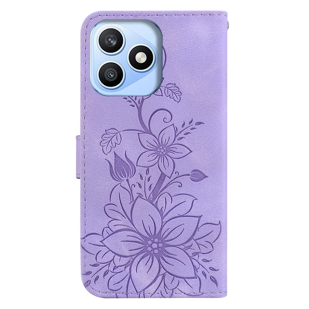 For Honor X8d 4G Stand Case Lily Flower Imprint Leather Phone Cover with Wrist Strap