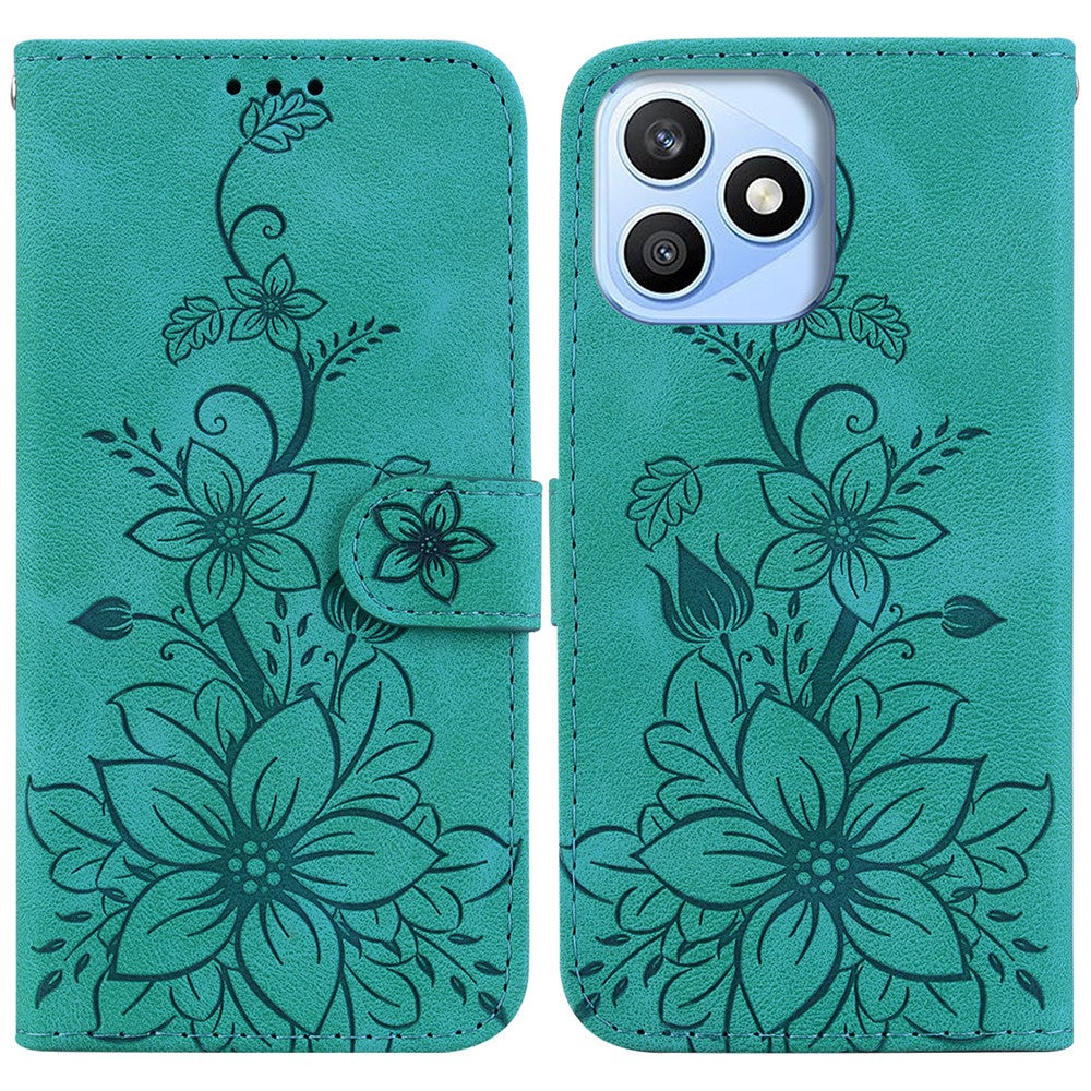 For Honor X8d 4G Stand Case Lily Flower Imprint Leather Phone Cover with Wrist Strap