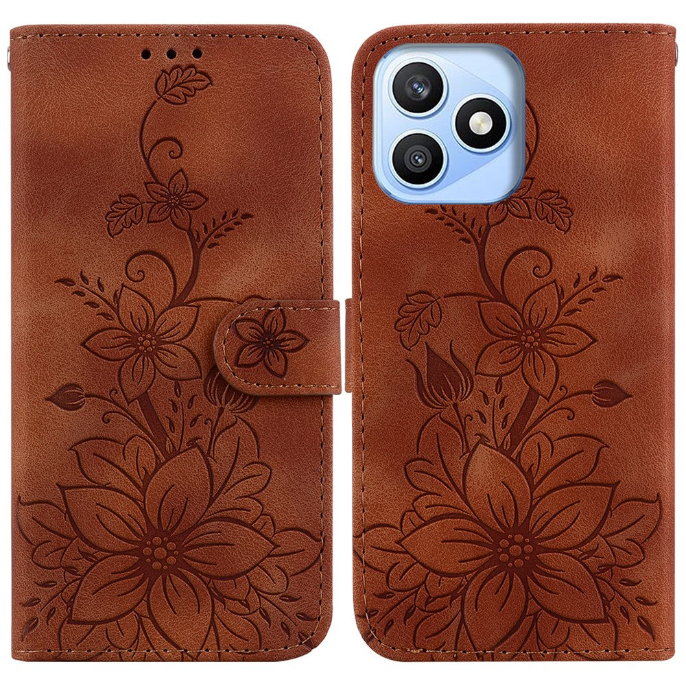 For Honor X8d 4G Stand Case Lily Flower Imprint Leather Phone Cover with Wrist Strap