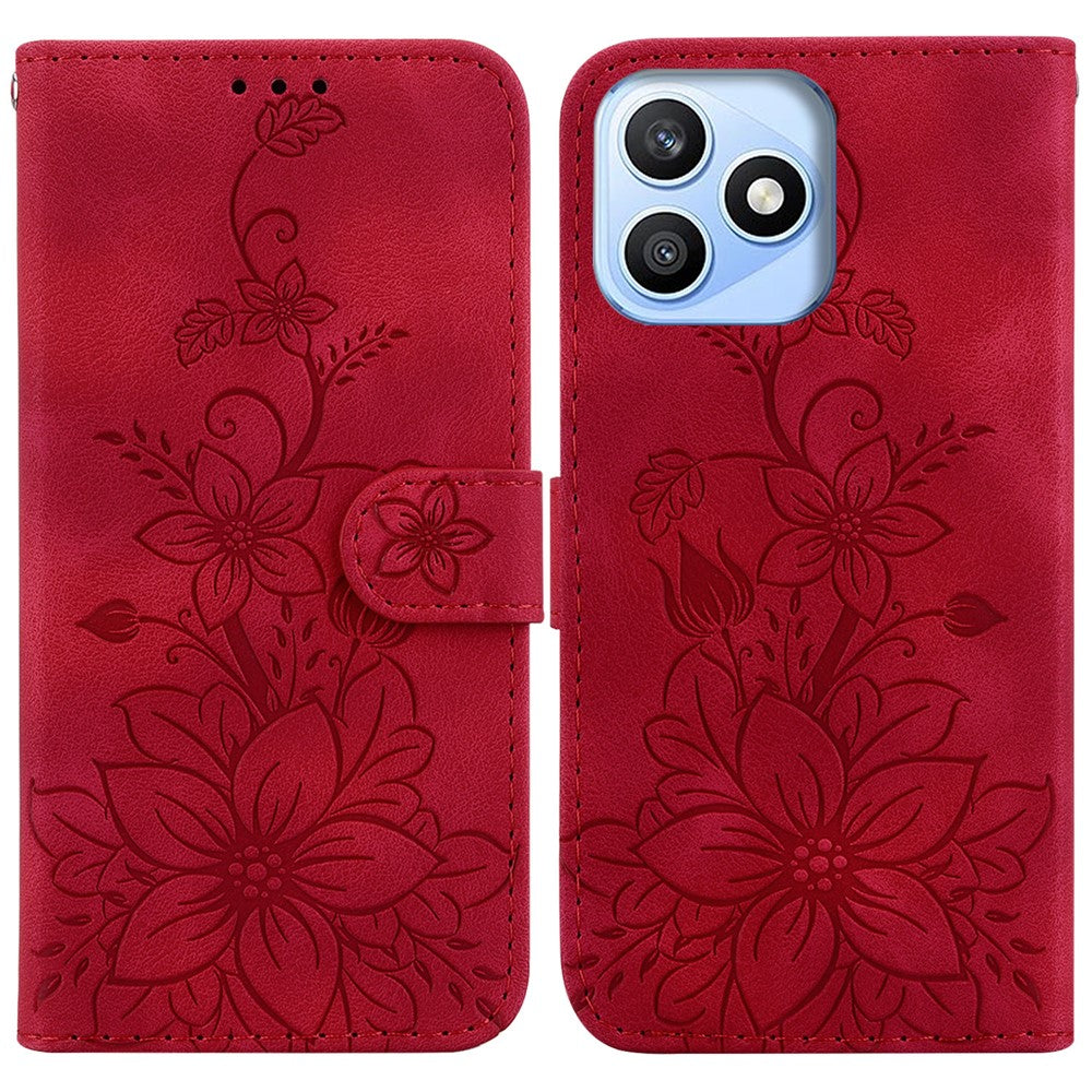 For Honor X8d 4G Stand Case Lily Flower Imprint Leather Phone Cover with Wrist Strap