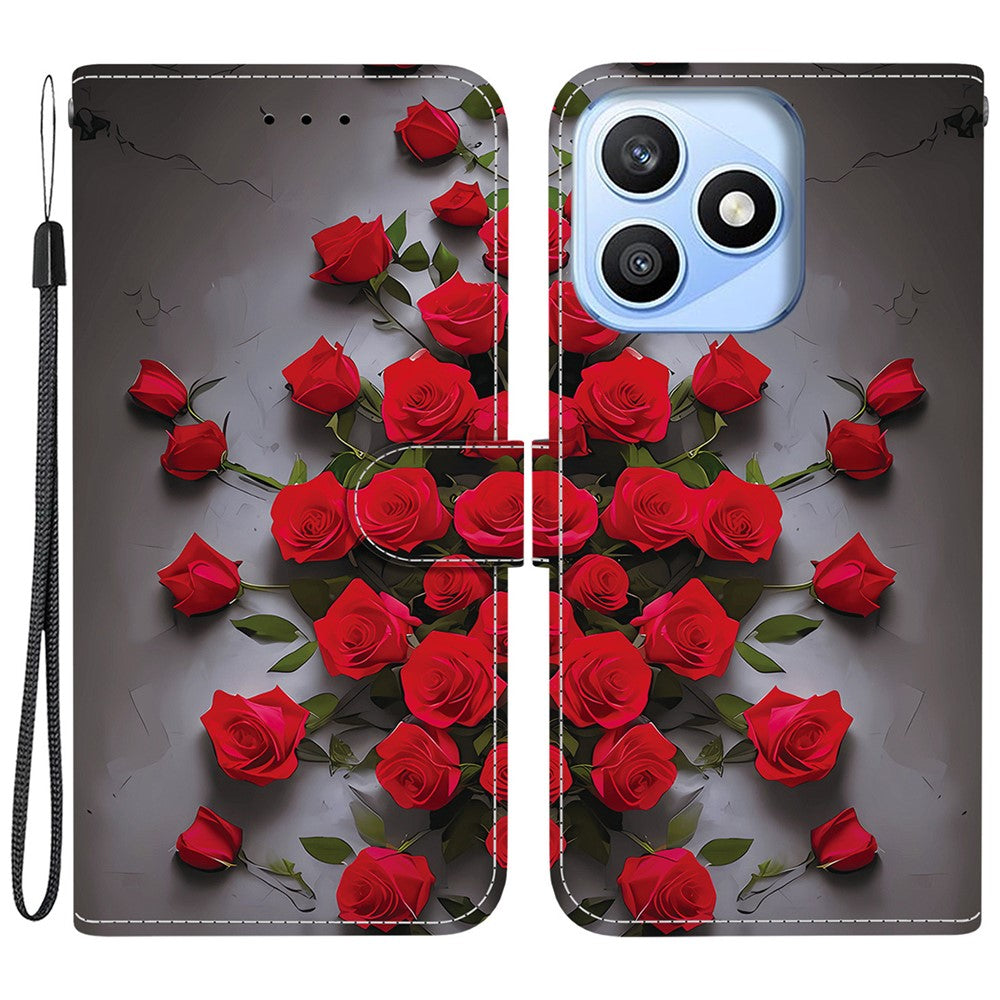 For Honor X8d 4G Leather Case Stand Wallet Pattern Printing Phone Cover with Wrist Strap