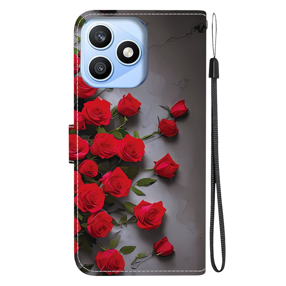 For Honor X8d 4G Leather Case Stand Wallet Pattern Printing Phone Cover with Wrist Strap