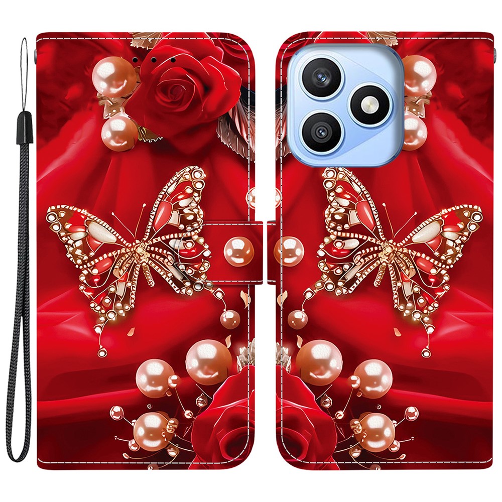 For Honor X8d 4G Leather Case Stand Wallet Pattern Printing Phone Cover with Wrist Strap