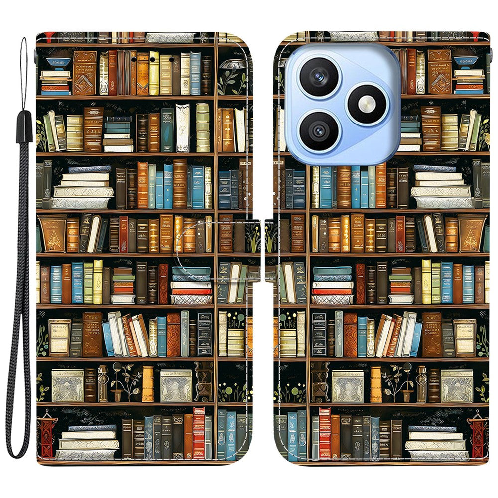 For Honor X8d 4G Leather Case Stand Wallet Pattern Printing Phone Cover with Wrist Strap
