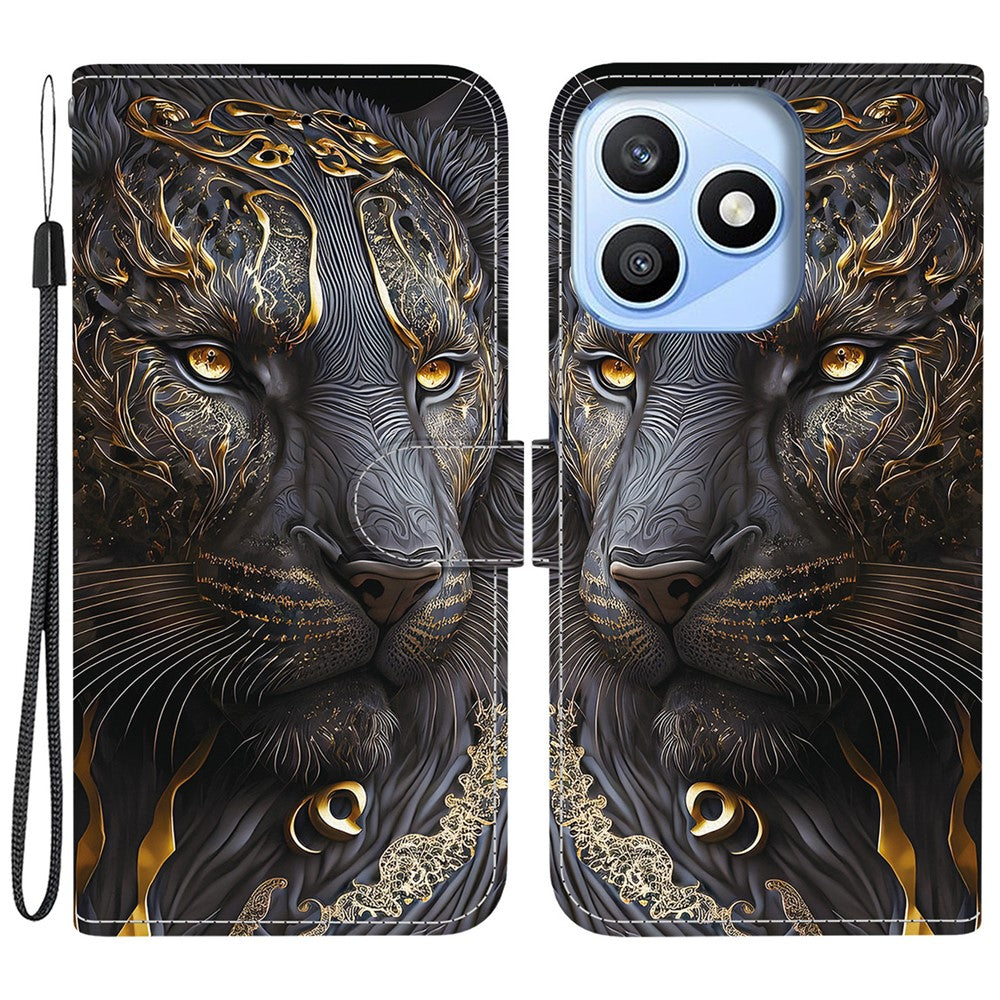 For Honor X8d 4G Leather Case Stand Wallet Pattern Printing Phone Cover with Wrist Strap