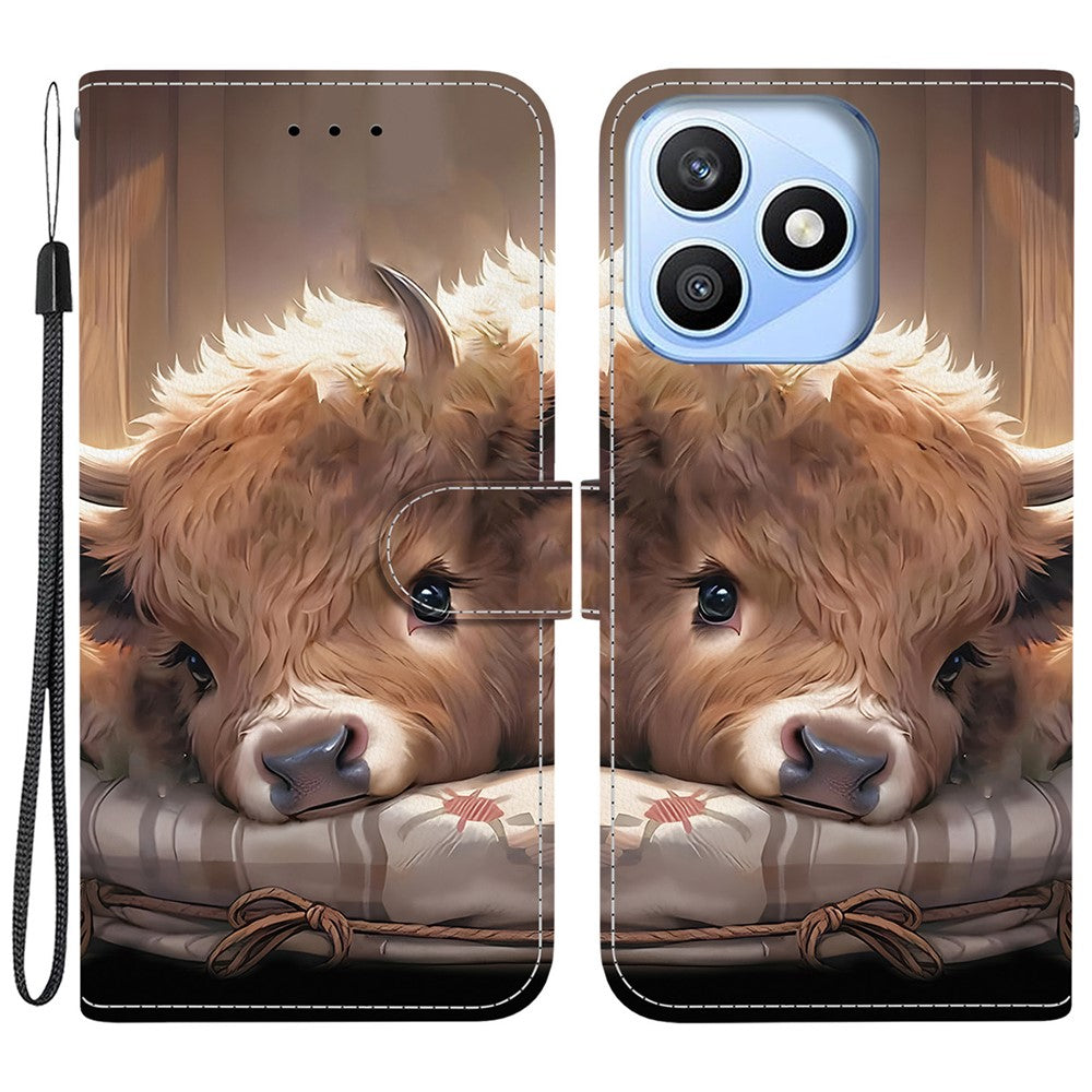 For Honor X8d 4G Leather Case Stand Wallet Pattern Printing Phone Cover with Wrist Strap