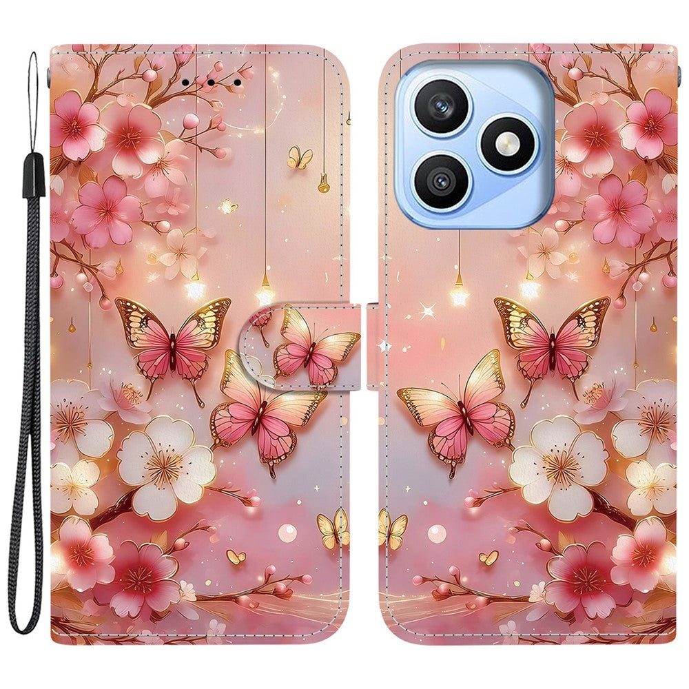For Honor X8d 4G Leather Case Stand Wallet Pattern Printing Phone Cover with Wrist Strap