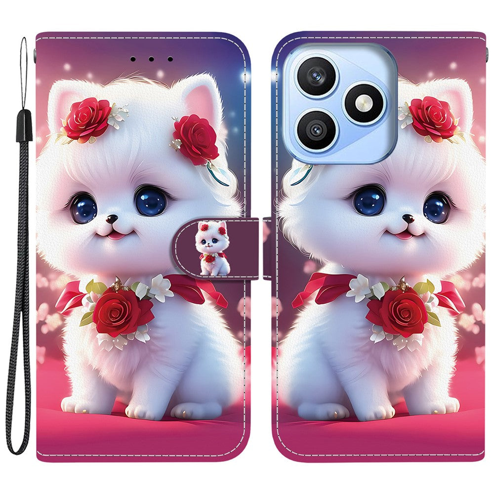 For Honor X8d 4G Leather Case Stand Wallet Pattern Printing Phone Cover with Wrist Strap