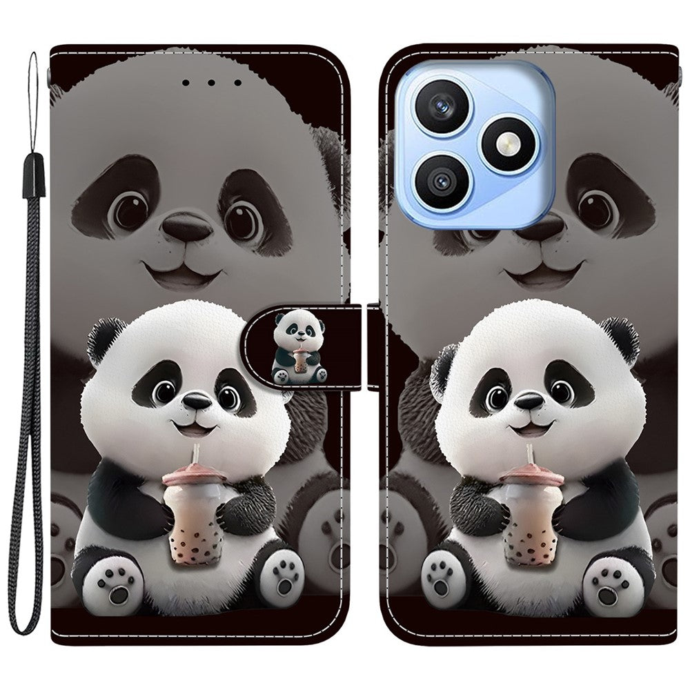 For Honor X8d 4G Leather Case Stand Wallet Pattern Printing Phone Cover with Wrist Strap