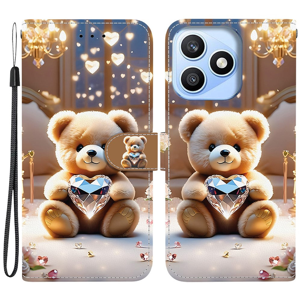 For Honor X8d 4G Leather Case Stand Wallet Pattern Printing Phone Cover with Wrist Strap