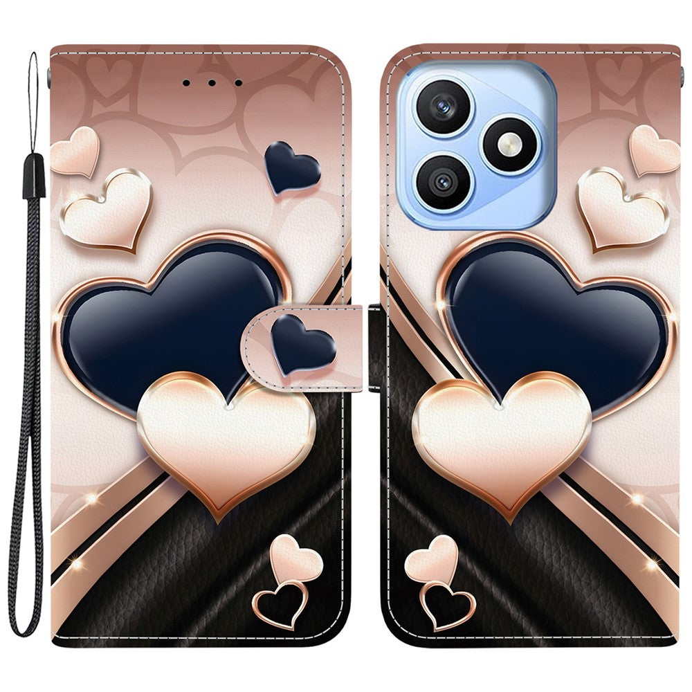 For Honor X8d 4G Leather Case Stand Wallet Pattern Printing Phone Cover with Wrist Strap