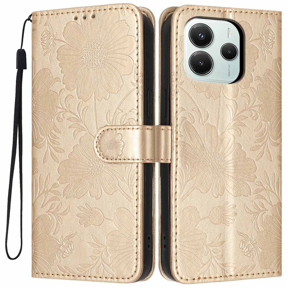 For Xiaomi Redmi Note 14 5G Wallet Case Imprint Floral PU Leather Stand Flip Phone Cover with Wrist Strap