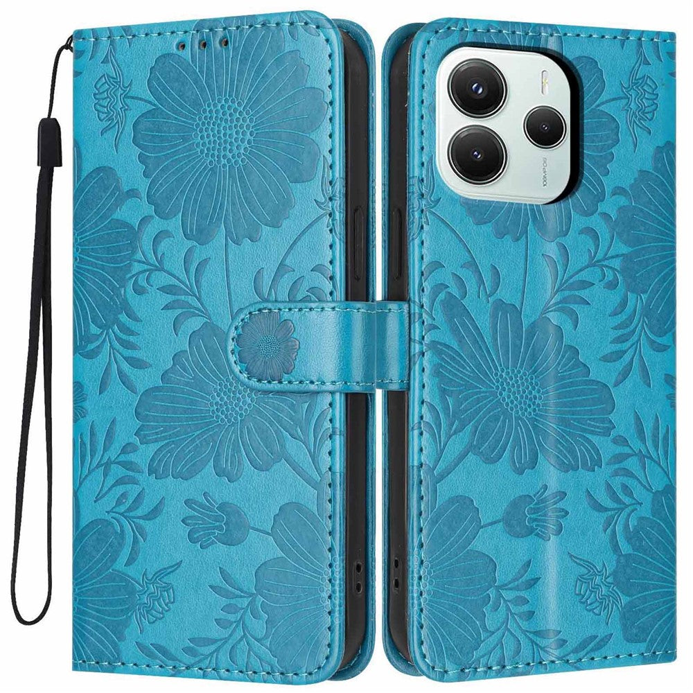 For Xiaomi Redmi Note 14 5G Wallet Case Imprint Floral PU Leather Stand Flip Phone Cover with Wrist Strap