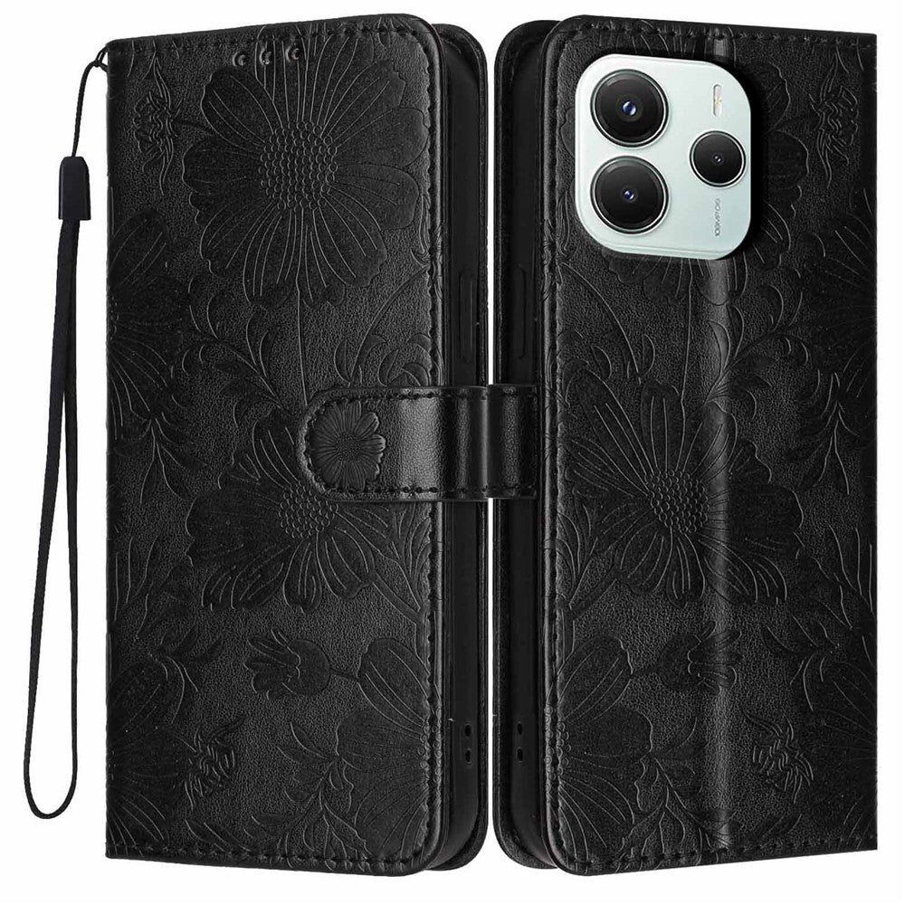 For Xiaomi Redmi Note 14 5G Wallet Case Imprint Floral PU Leather Stand Flip Phone Cover with Wrist Strap