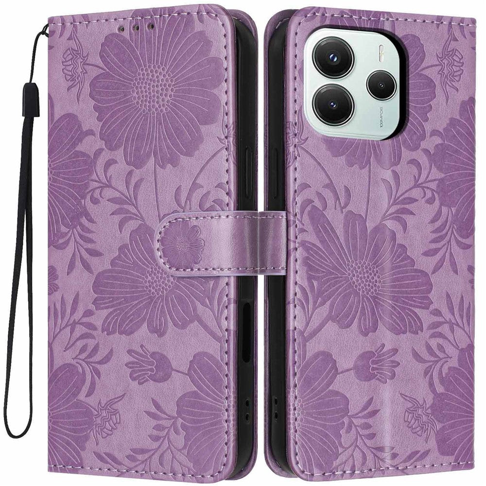 For Xiaomi Redmi Note 14 5G Wallet Case Imprint Floral PU Leather Stand Flip Phone Cover with Wrist Strap
