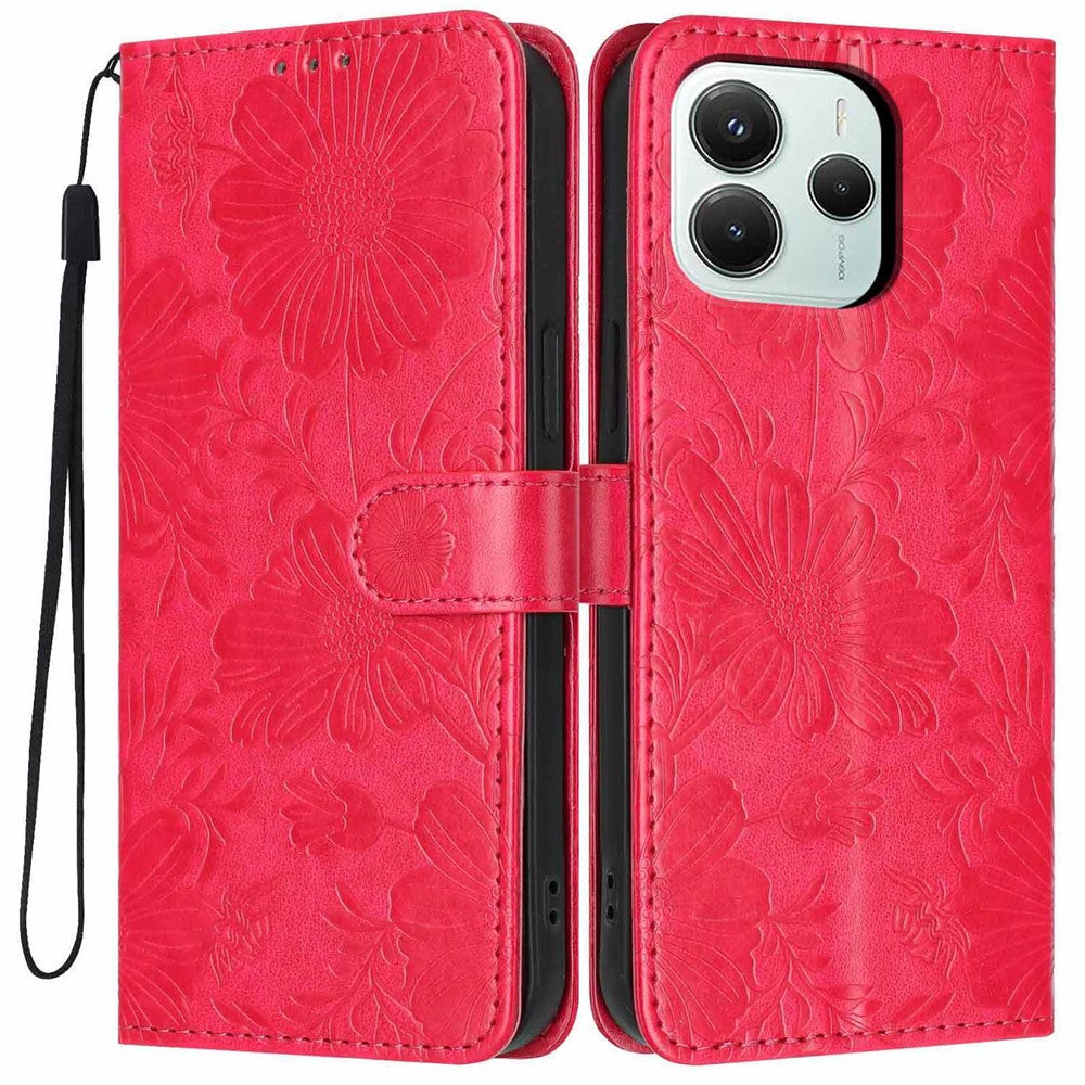 For Xiaomi Redmi Note 14 5G Wallet Case Imprint Floral PU Leather Stand Flip Phone Cover with Wrist Strap