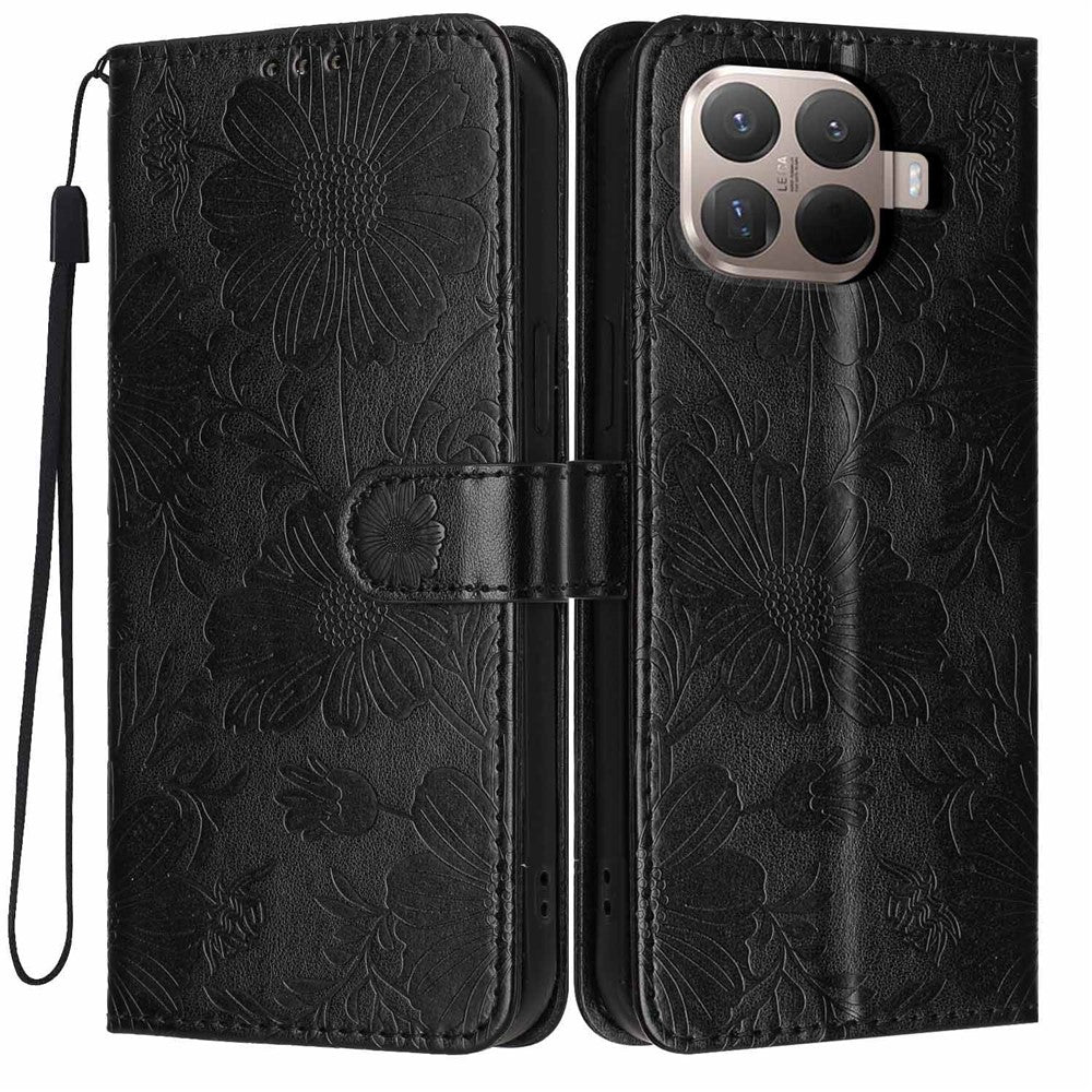 For Xiaomi 15T Pro Wallet Case Imprint Floral PU Leather Stand Flip Phone Cover with Wrist Strap