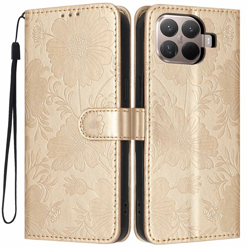 For Xiaomi 15T Pro Wallet Case Imprint Floral PU Leather Stand Flip Phone Cover with Wrist Strap