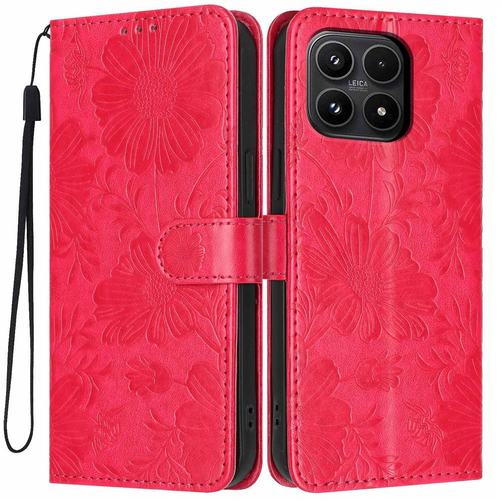 For Xiaomi 17 Wallet Case Imprint Floral PU Leather Stand Flip Phone Cover with Wrist Strap