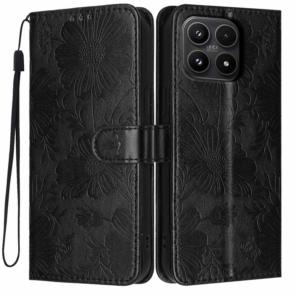 For Xiaomi 17 Wallet Case Imprint Floral PU Leather Stand Flip Phone Cover with Wrist Strap
