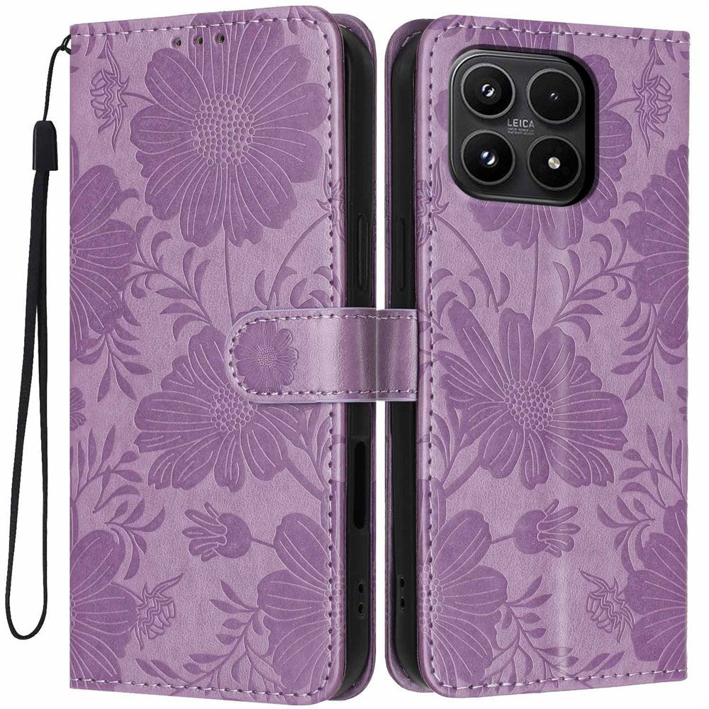 For Xiaomi 17 Wallet Case Imprint Floral PU Leather Stand Flip Phone Cover with Wrist Strap