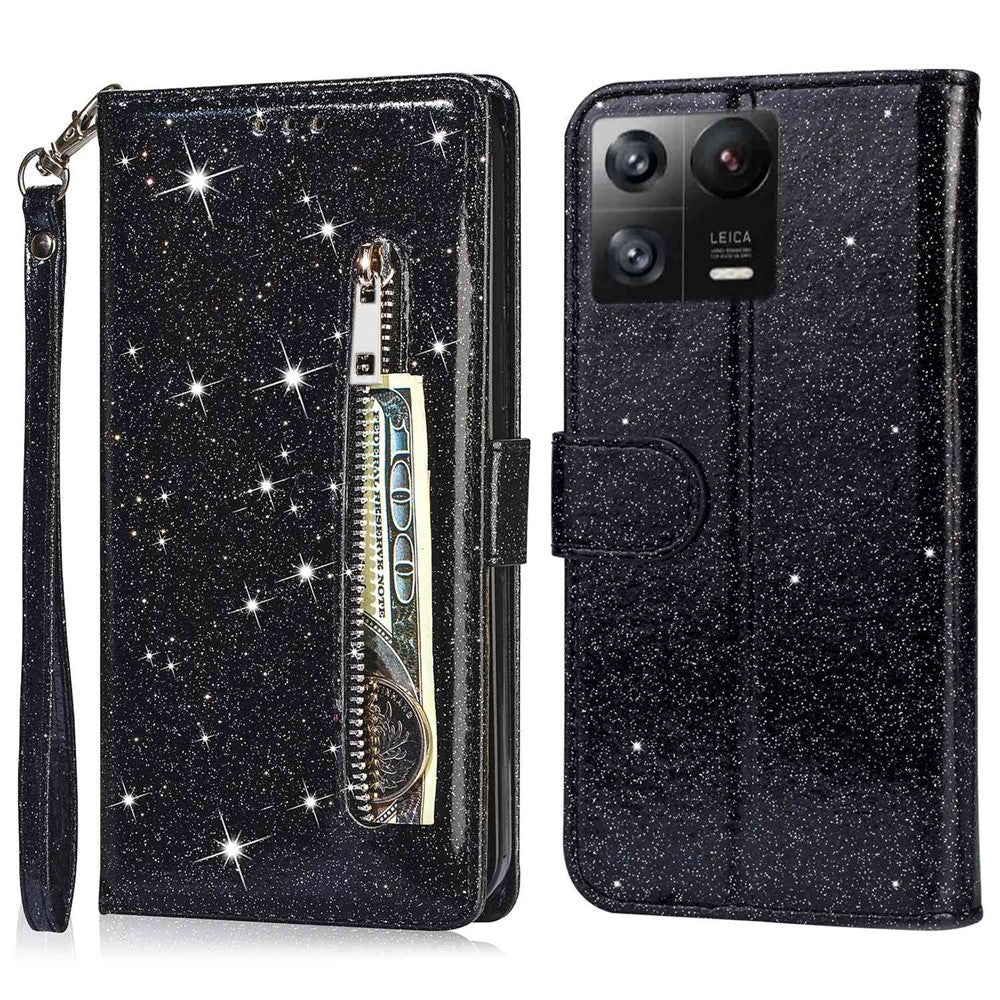 For Xiaomi 13 Pro 5G Zipper Pocket Glittery Sequins Phone Cover Full Protection PU Leather Wallet Stand Case
