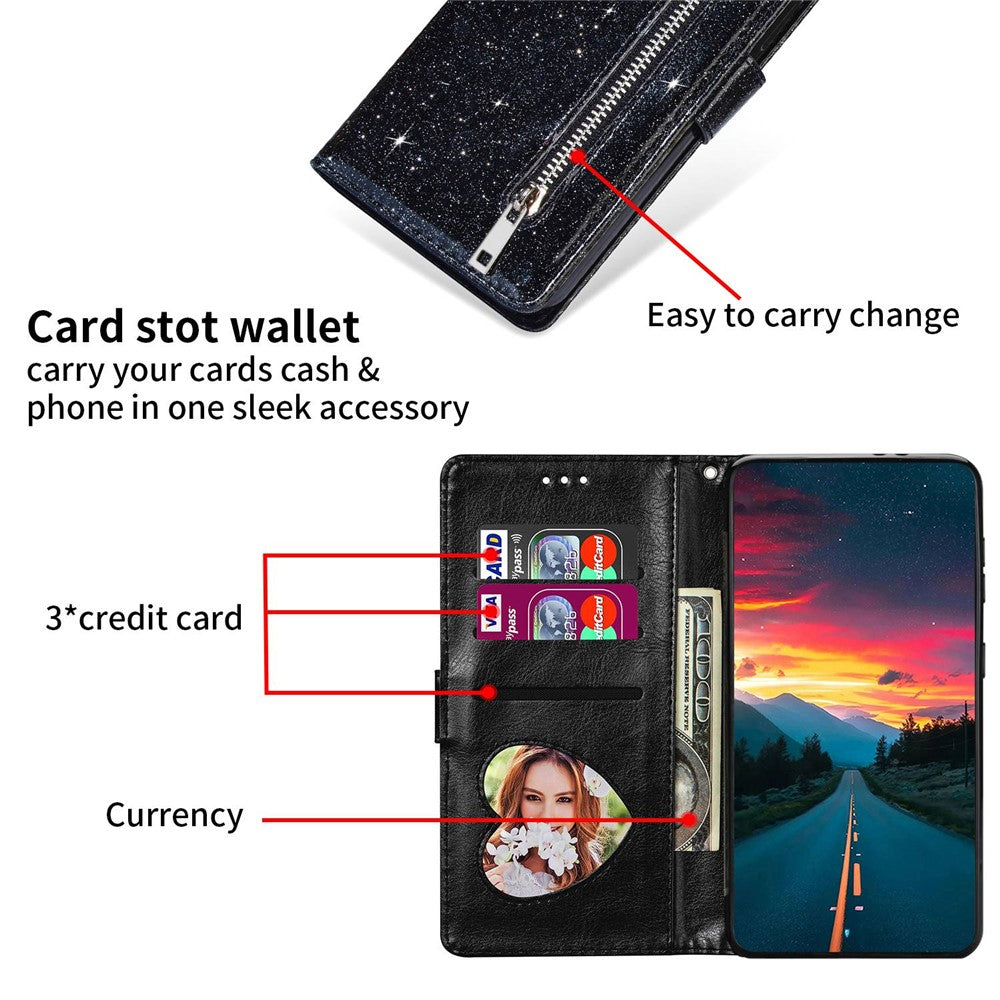 For Xiaomi 13 Pro 5G Zipper Pocket Glittery Sequins Phone Cover Full Protection PU Leather Wallet Stand Case