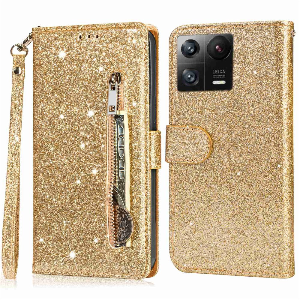 For Xiaomi 13 Pro 5G Zipper Pocket Glittery Sequins Phone Cover Full Protection PU Leather Wallet Stand Case