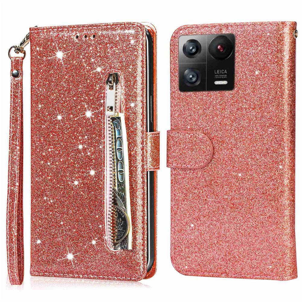 For Xiaomi 13 Pro 5G Zipper Pocket Glittery Sequins Phone Cover Full Protection PU Leather Wallet Stand Case