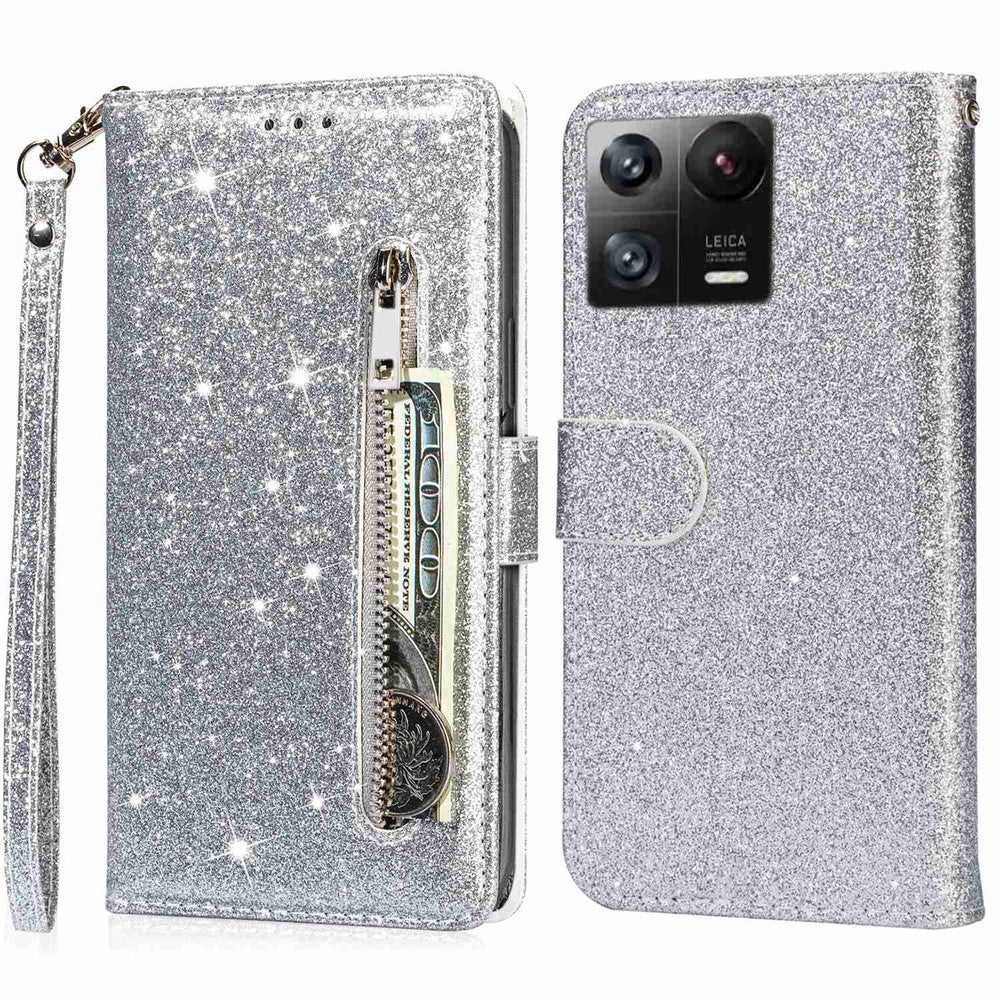 For Xiaomi 13 Pro 5G Zipper Pocket Glittery Sequins Phone Cover Full Protection PU Leather Wallet Stand Case