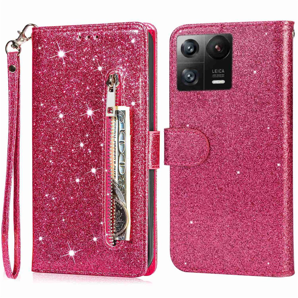 For Xiaomi 13 Pro 5G Zipper Pocket Glittery Sequins Phone Cover Full Protection PU Leather Wallet Stand Case