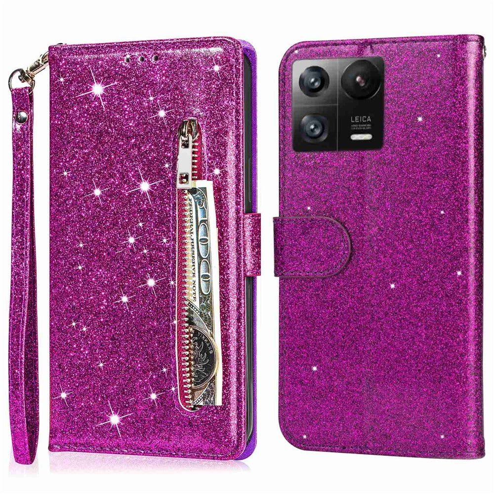 For Xiaomi 13 Pro 5G Zipper Pocket Glittery Sequins Phone Cover Full Protection PU Leather Wallet Stand Case