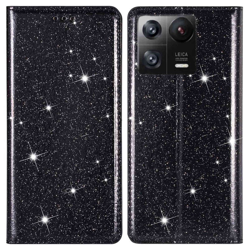 Xiaomi 13 Slim Korthållare Stativ mobilskal Glitterpuder PU-läder Mobilskal med Magnetisk Autoabsorberande Stängning