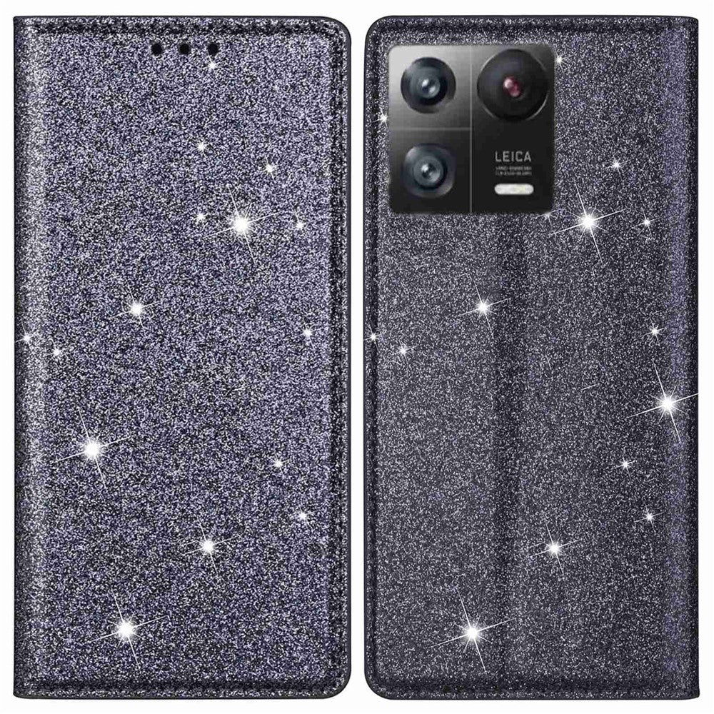 Xiaomi 13 Slim Korthållare Stativ mobilskal Glitterpuder PU-läder Mobilskal med Magnetisk Autoabsorberande Stängning
