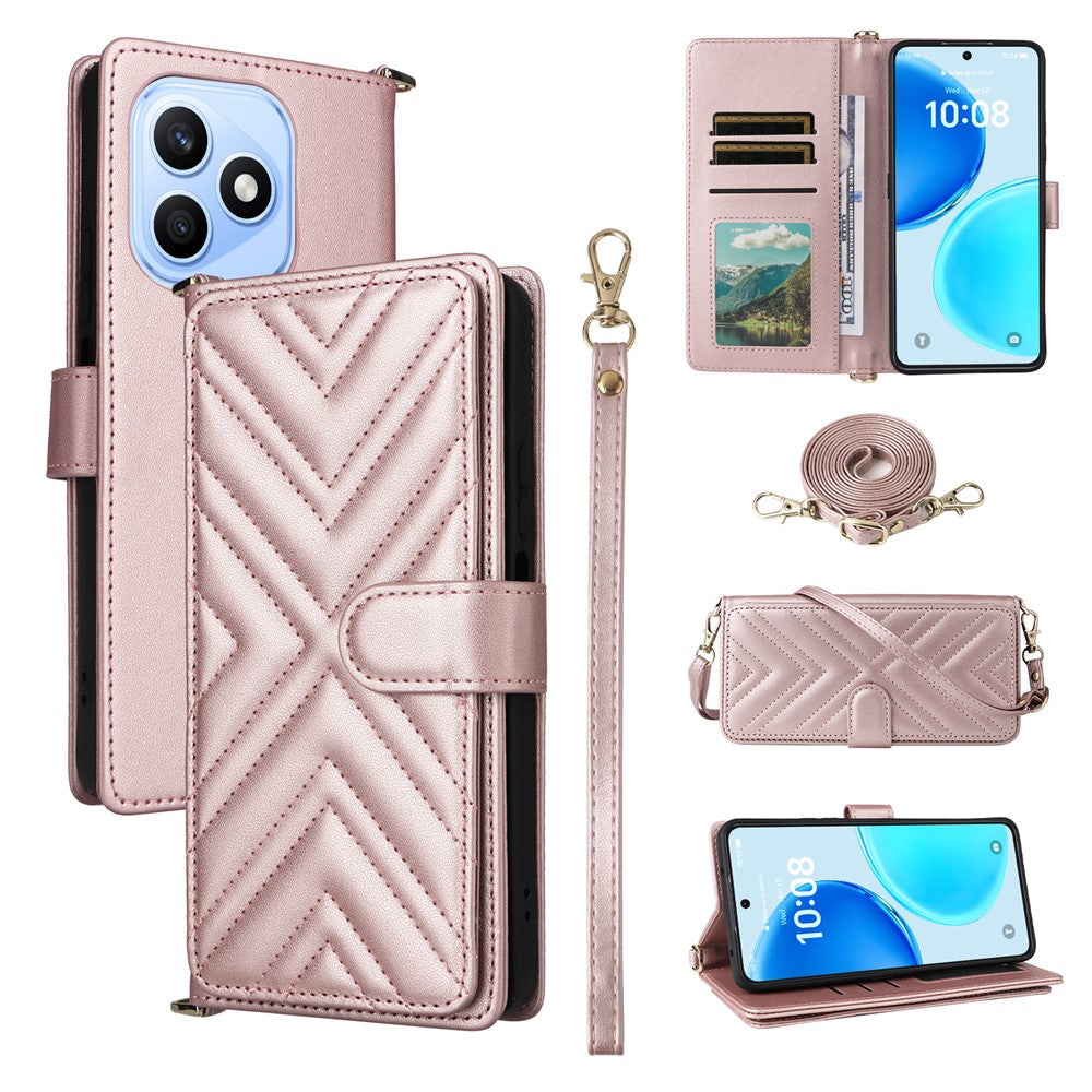 For Honor X8d 4G Leather Case Stand Wallet Phone Cover with Shoulder  /  Wrist Strap