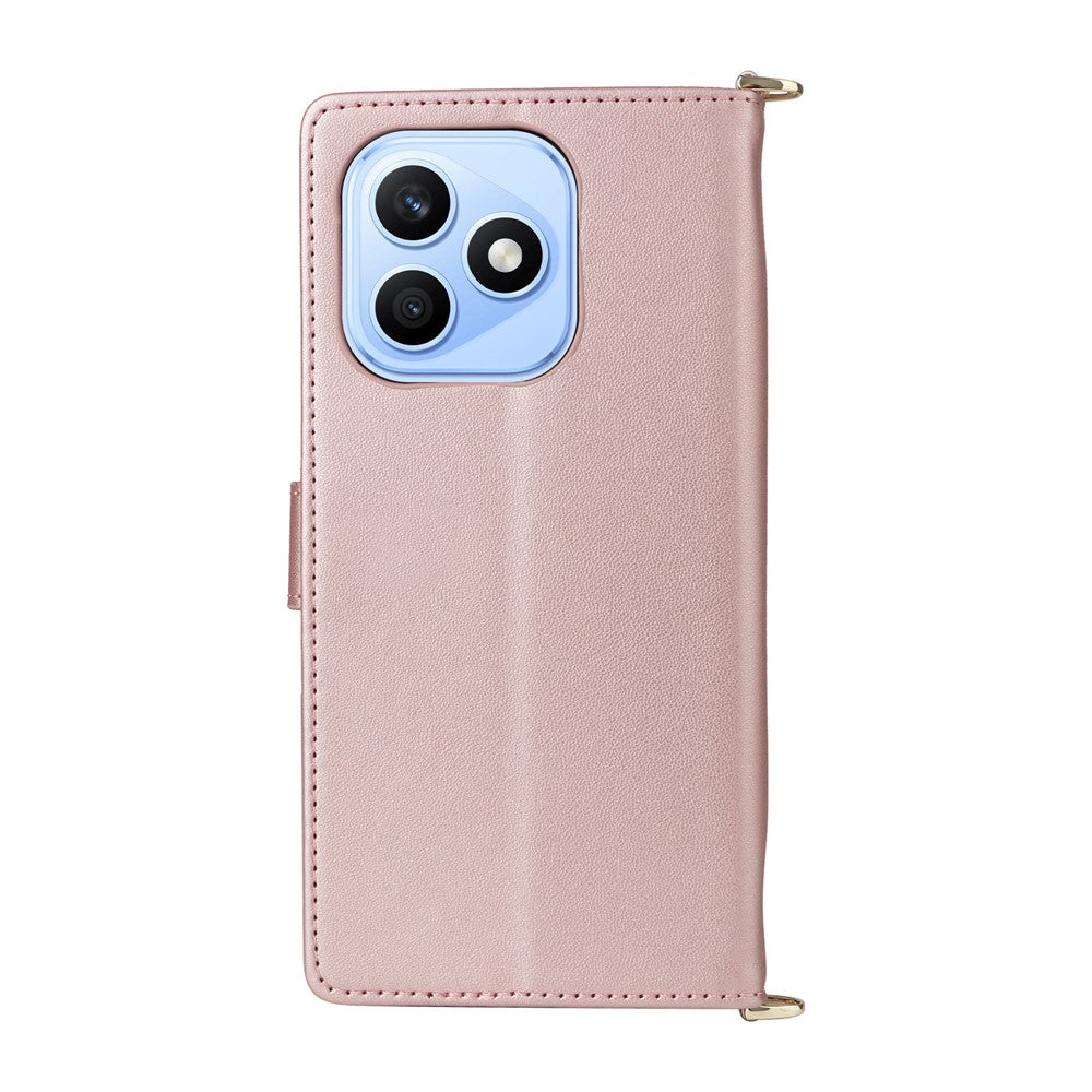 For Honor X8d 4G Leather Case Stand Wallet Phone Cover with Shoulder  /  Wrist Strap