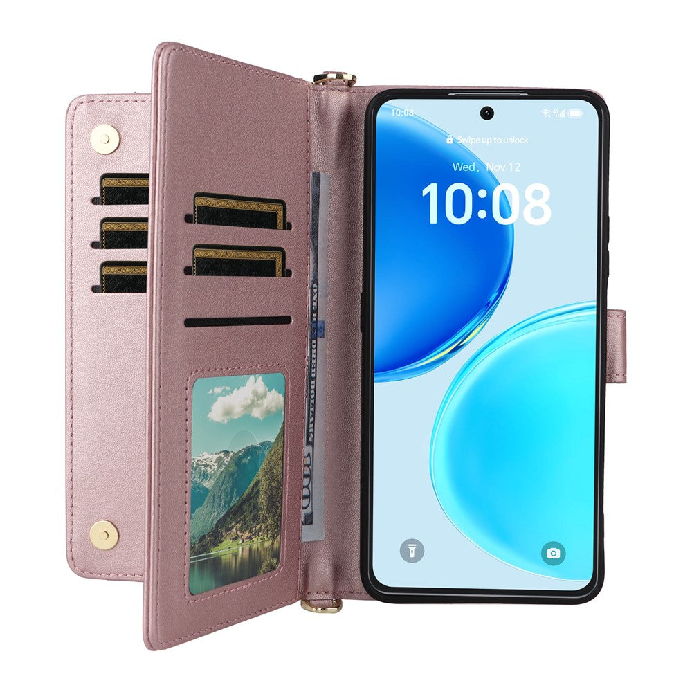 For Honor X8d 4G Leather Case Stand Wallet Phone Cover with Shoulder  /  Wrist Strap