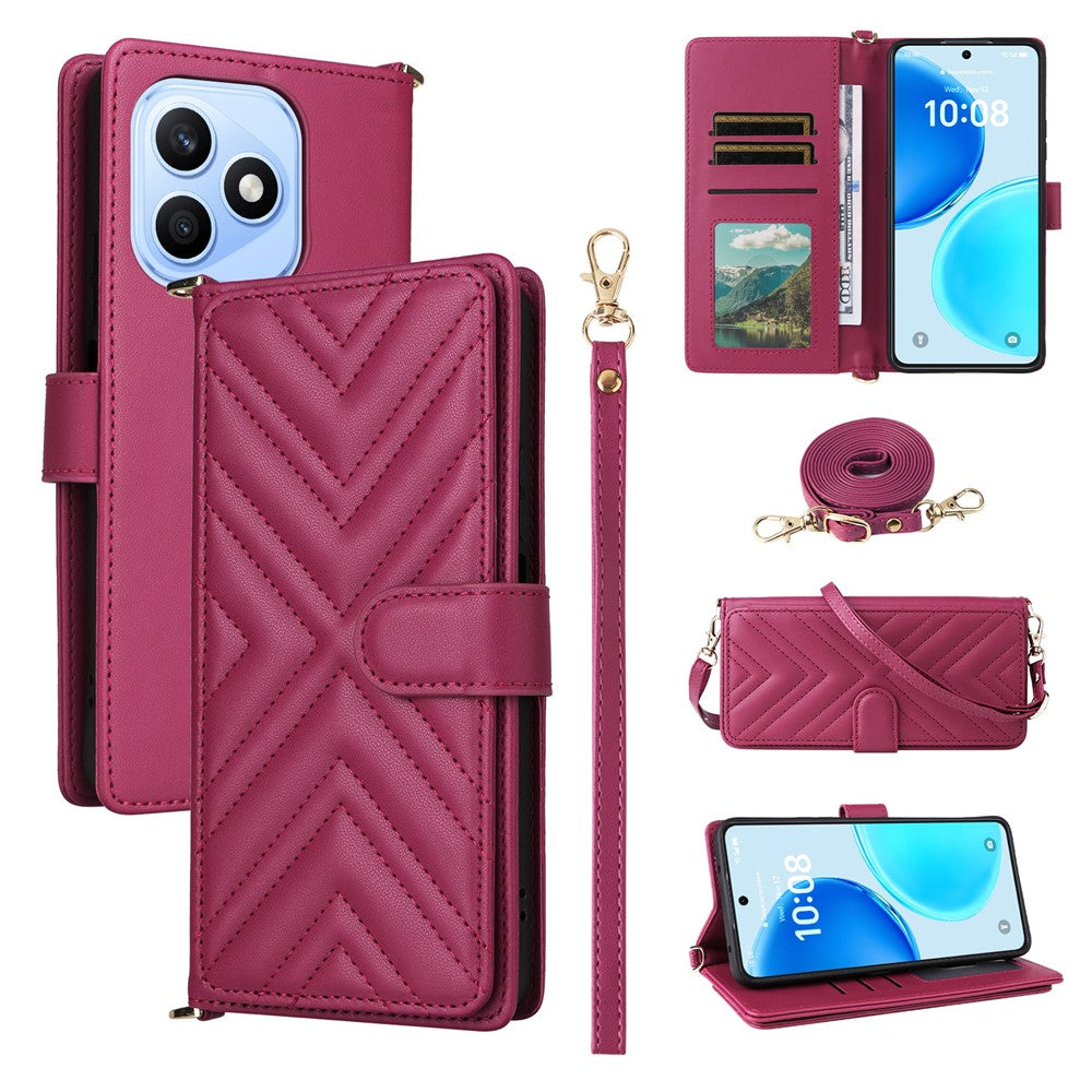 For Honor X8d 4G Leather Case Stand Wallet Phone Cover with Shoulder  /  Wrist Strap