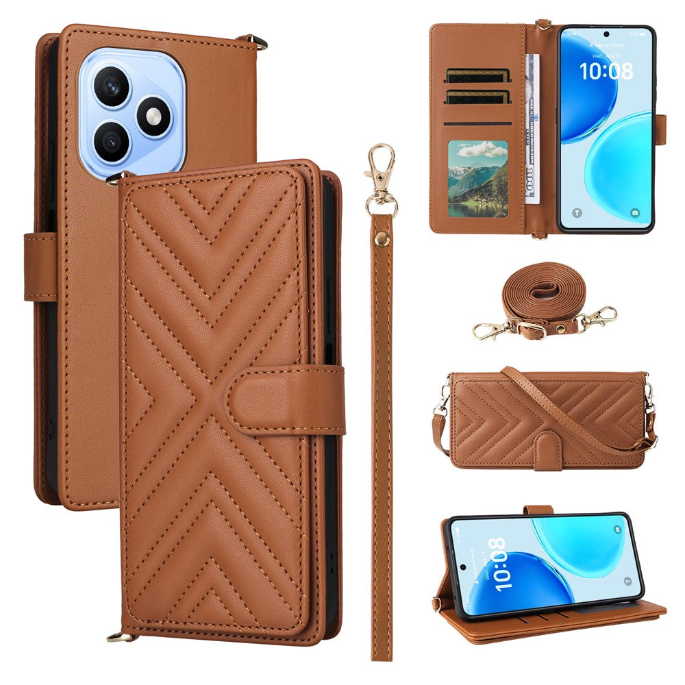 For Honor X8d 4G Leather Case Stand Wallet Phone Cover with Shoulder  /  Wrist Strap