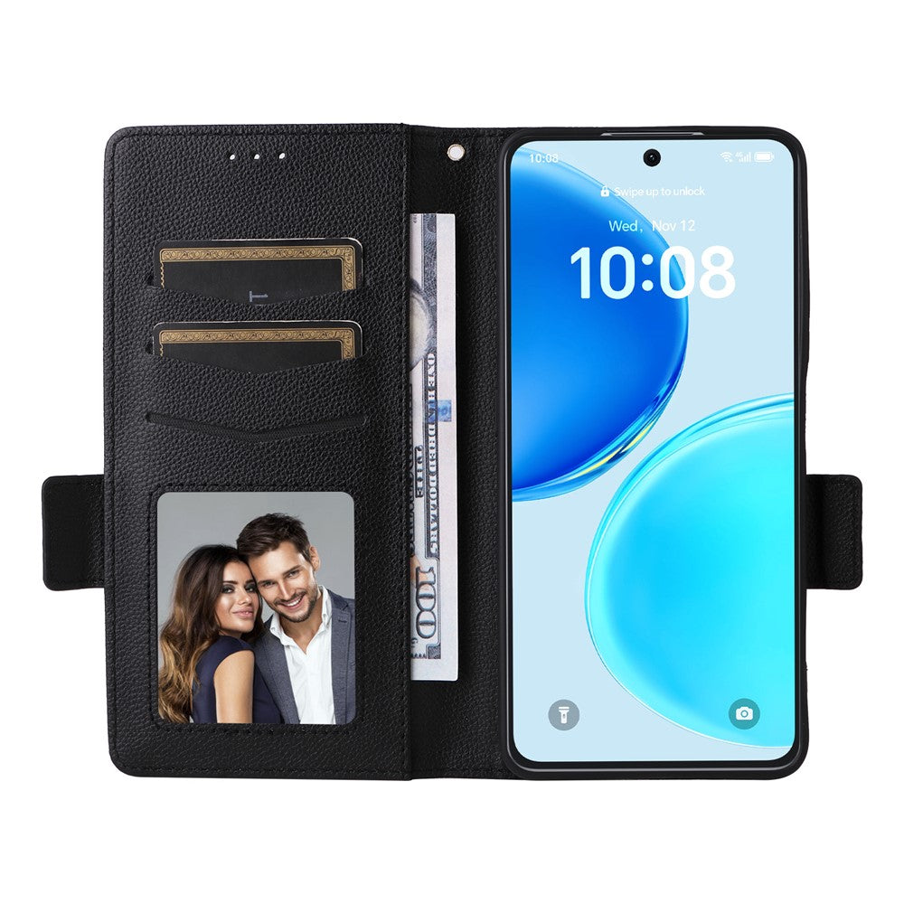 For Honor X8d 4G Litchi Texture Wallet Leather Phone Cover with Wrist Strap