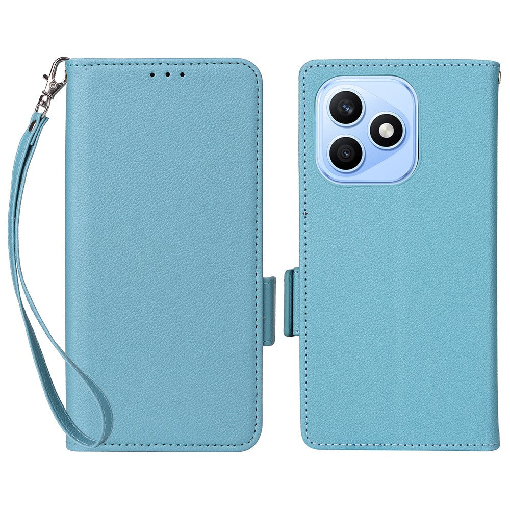 For Honor X8d 4G Litchi Texture Wallet Leather Phone Cover with Wrist Strap