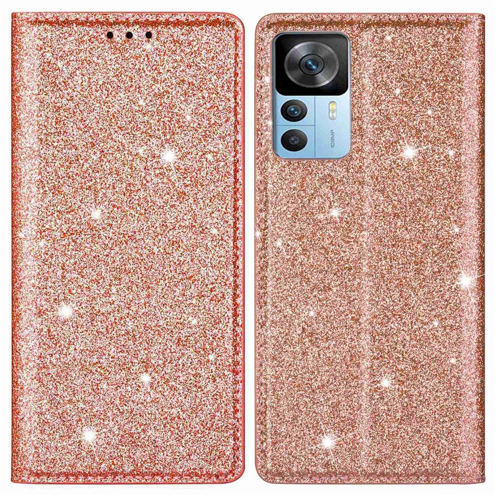 Xiaomi 12T 5G / 12T Pro 5G / Redmi K50 Ultra 5G Korthållardesign Slim Stativ Mobilskal Glitterpuder PU-läder Mobilskal med Magnetisk Autoabsorberande Stängning