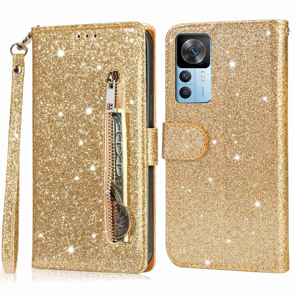 Xiaomi 12T 5G / 12T Pro 5G / Redmi K50 Ultra 5G Dragkedja Fickficka Glittrigt PU-läder Stötsäkert Fodral Magnetiskt Spänne Flip mobil Plånbok Stativfodral