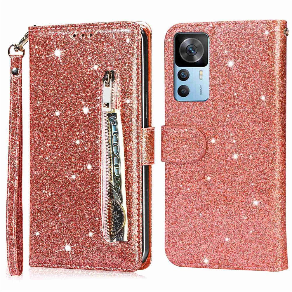 Xiaomi 12T 5G / 12T Pro 5G / Redmi K50 Ultra 5G Dragkedja Fickficka Glittrigt PU-läder Stötsäkert Fodral Magnetiskt Spänne Flip mobil Plånbok Stativfodral