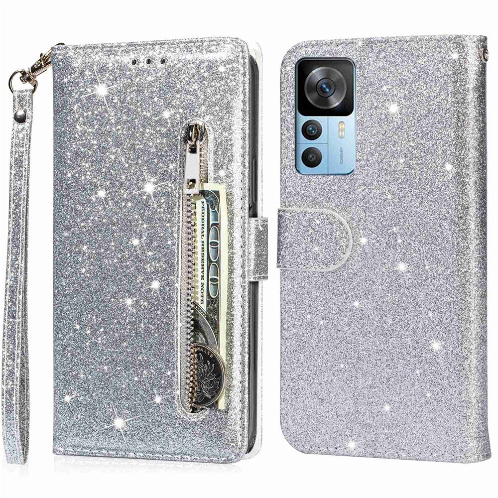 Xiaomi 12T 5G / 12T Pro 5G / Redmi K50 Ultra 5G Dragkedja Fickficka Glittrigt PU-läder Stötsäkert Fodral Magnetiskt Spänne Flip mobil Plånbok Stativfodral